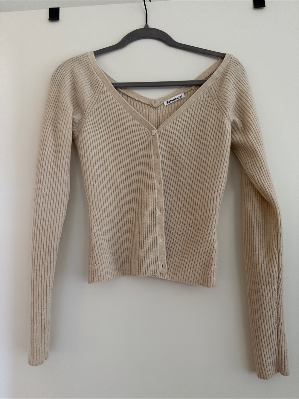 Reformation Ribbed Button-Front Cardigan in Beige